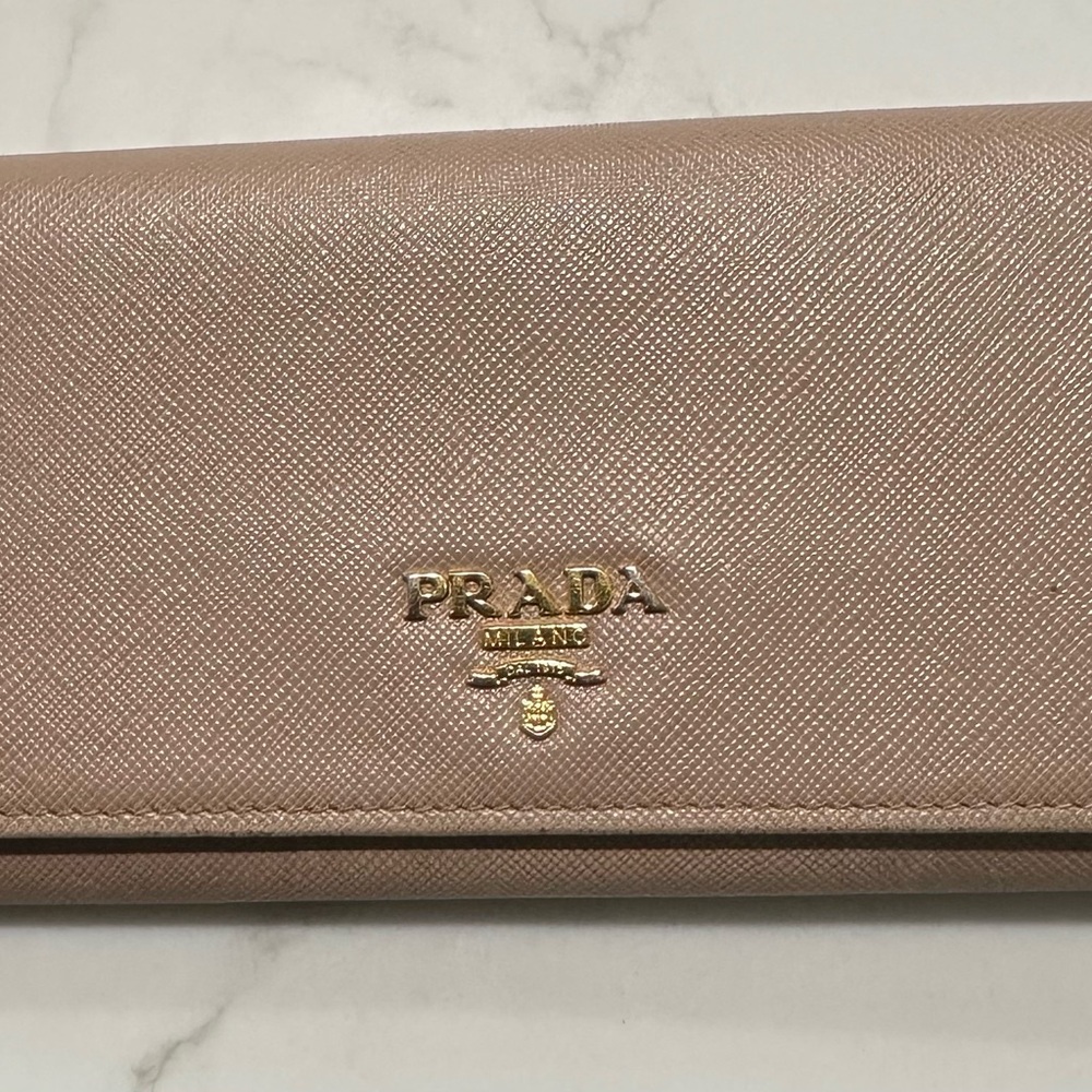 Prada Tan Saffiano Leather Wallet with Gold Logo